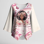 African American Breast Cancer Warrior Black Queen Kimono Sleeve Blouse Floral Pink Ribbon Watercolor Butterfly Hope Art