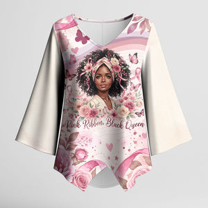 African American Breast Cancer Warrior Black Queen Kimono Sleeve Blouse Floral Pink Ribbon Watercolor Butterfly Hope Art
