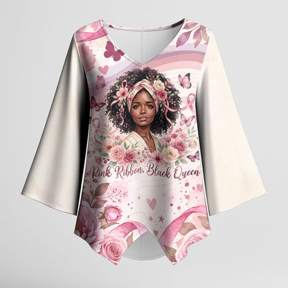 African American Breast Cancer Warrior Black Queen Kimono Sleeve Blouse Floral Pink Ribbon Watercolor Butterfly Hope Art