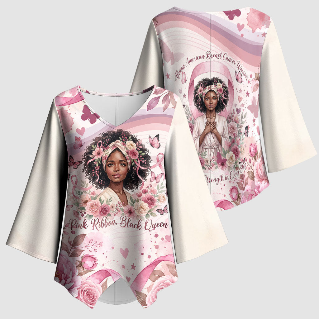 African American Breast Cancer Warrior Black Queen Kimono Sleeve Blouse Floral Pink Ribbon Watercolor Butterfly Hope Art
