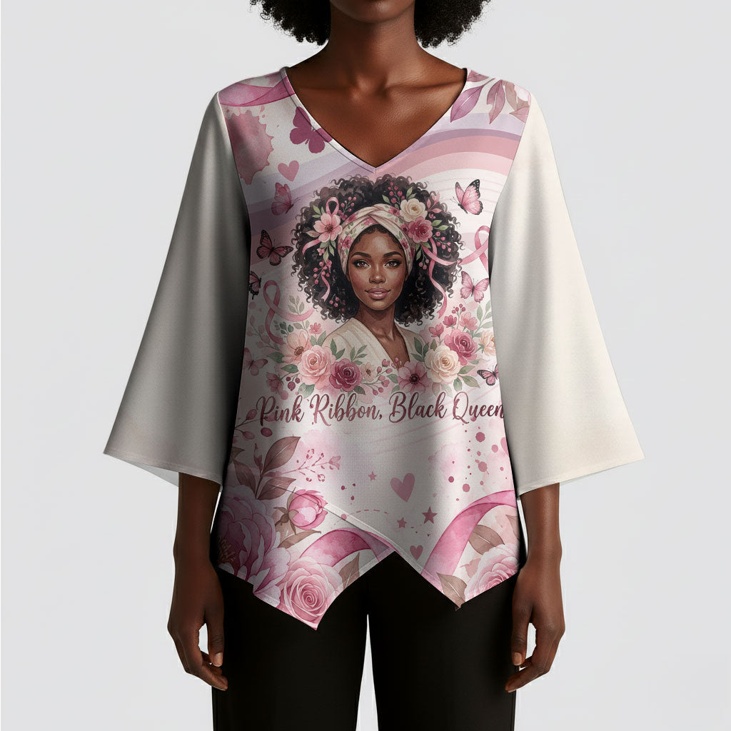 African American Breast Cancer Warrior Black Queen Kimono Sleeve Blouse Floral Pink Ribbon Watercolor Butterfly Hope Art