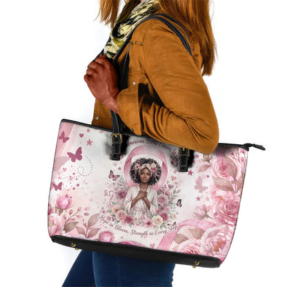 African American Breast Cancer Warrior Black Queen Leather Tote Bag Floral Pink Ribbon Watercolor Butterfly Hope Art