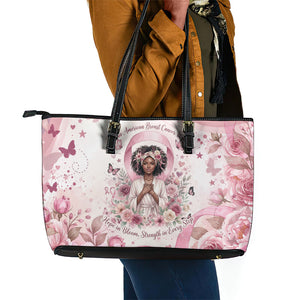 African American Breast Cancer Warrior Black Queen Leather Tote Bag Floral Pink Ribbon Watercolor Butterfly Hope Art