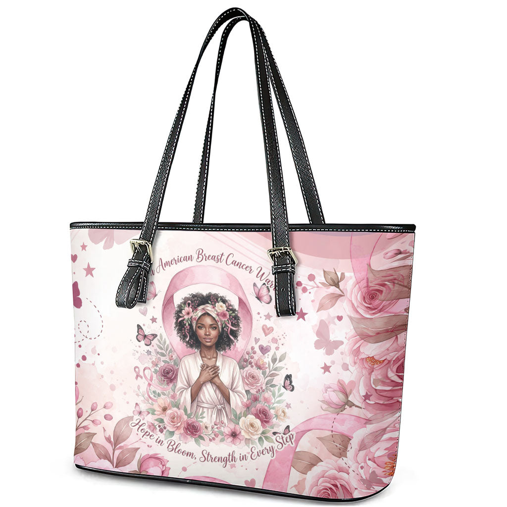 African American Breast Cancer Warrior Black Queen Leather Tote Bag Floral Pink Ribbon Watercolor Butterfly Hope Art