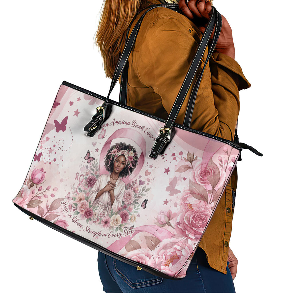 African American Breast Cancer Warrior Black Queen Leather Tote Bag Floral Pink Ribbon Watercolor Butterfly Hope Art