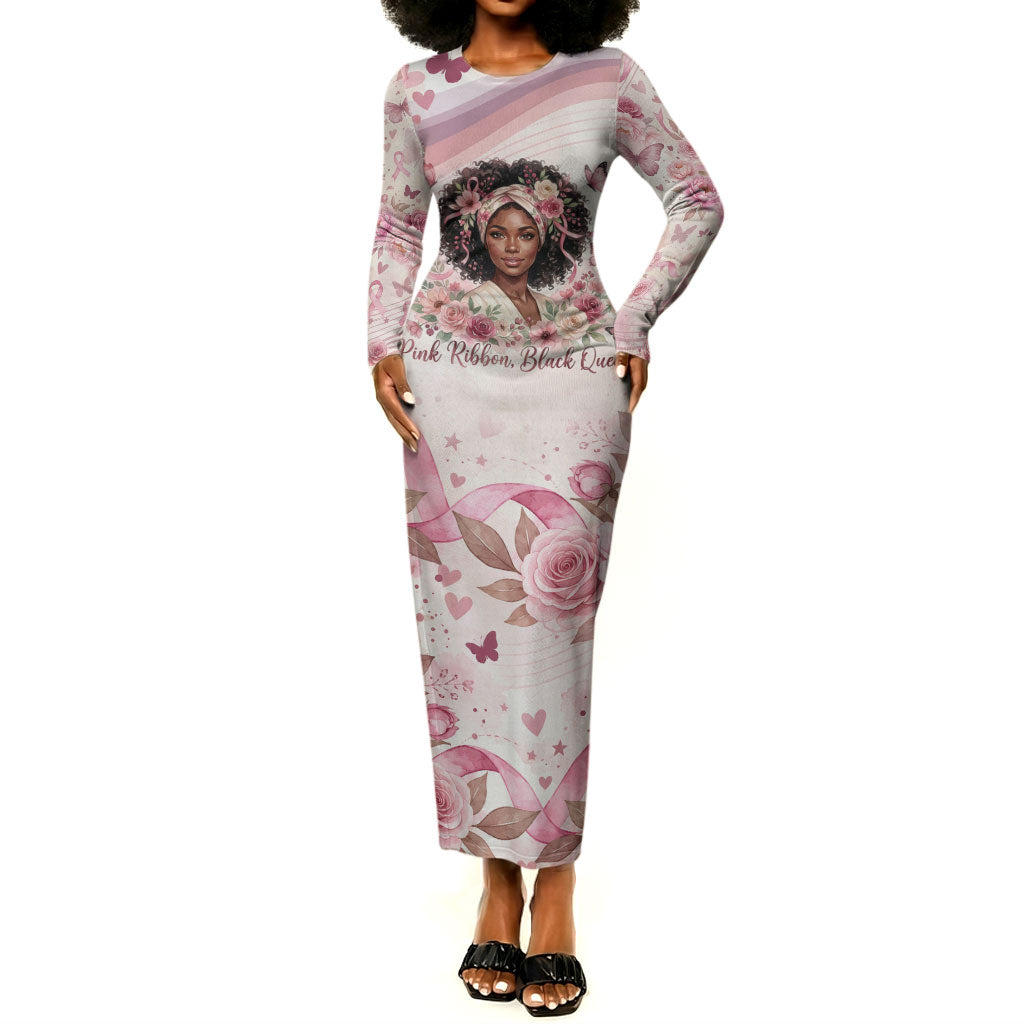 African American Breast Cancer Warrior Black Queen Long Sleeve Bodycon Dress Floral Pink Ribbon Watercolor Butterfly Hope Art