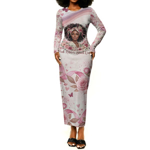 African American Breast Cancer Warrior Black Queen Long Sleeve Bodycon Dress Floral Pink Ribbon Watercolor Butterfly Hope Art