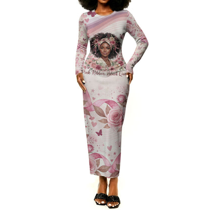 African American Breast Cancer Warrior Black Queen Long Sleeve Bodycon Dress Floral Pink Ribbon Watercolor Butterfly Hope Art