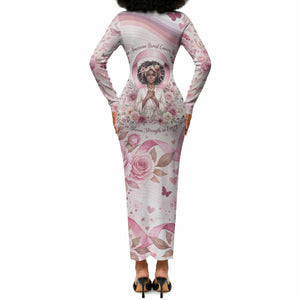 African American Breast Cancer Warrior Black Queen Long Sleeve Bodycon Dress Floral Pink Ribbon Watercolor Butterfly Hope Art