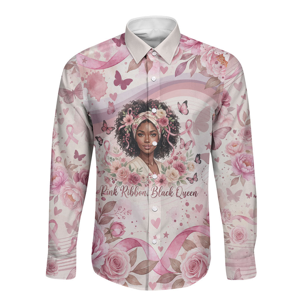 African American Breast Cancer Warrior Black Queen Long Sleeve Button Shirt Floral Pink Ribbon Watercolor Butterfly Hope Art