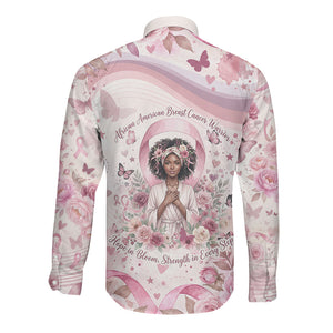 African American Breast Cancer Warrior Black Queen Long Sleeve Button Shirt Floral Pink Ribbon Watercolor Butterfly Hope Art