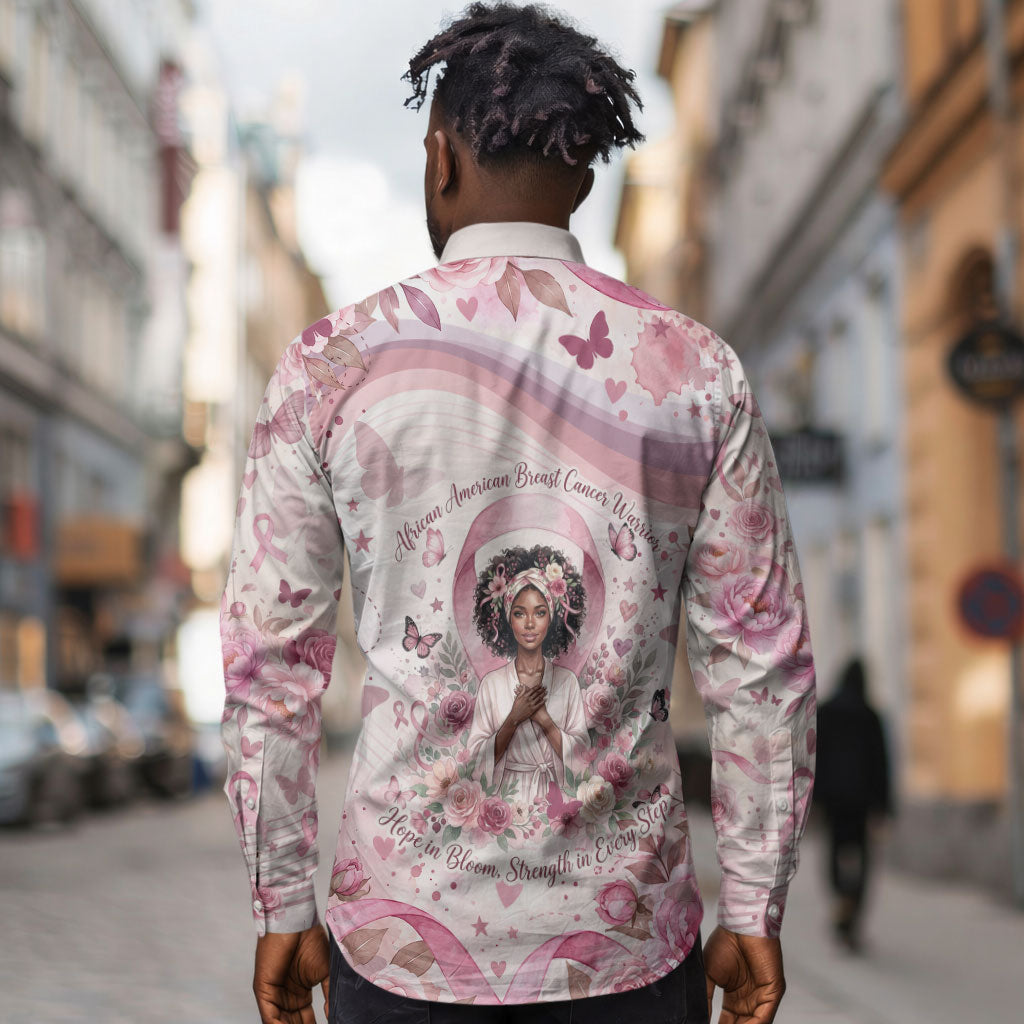 African American Breast Cancer Warrior Black Queen Long Sleeve Button Shirt Floral Pink Ribbon Watercolor Butterfly Hope Art
