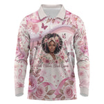 African American Breast Cancer Warrior Black Queen Long Sleeve Polo Shirt Floral Pink Ribbon Watercolor Butterfly Hope Art