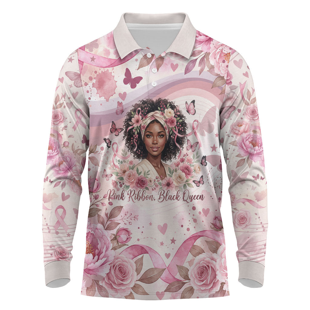 African American Breast Cancer Warrior Black Queen Long Sleeve Polo Shirt Floral Pink Ribbon Watercolor Butterfly Hope Art
