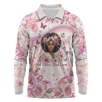 African American Breast Cancer Warrior Black Queen Long Sleeve Polo Shirt Floral Pink Ribbon Watercolor Butterfly Hope Art