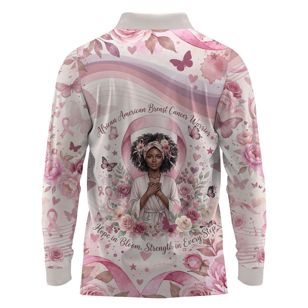 African American Breast Cancer Warrior Black Queen Long Sleeve Polo Shirt Floral Pink Ribbon Watercolor Butterfly Hope Art