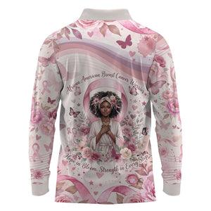African American Breast Cancer Warrior Black Queen Long Sleeve Polo Shirt Floral Pink Ribbon Watercolor Butterfly Hope Art