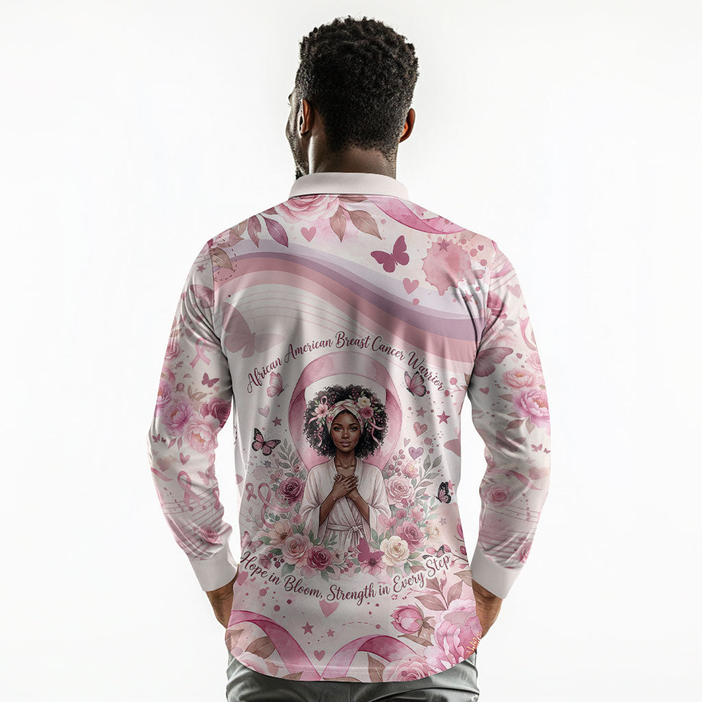 African American Breast Cancer Warrior Black Queen Long Sleeve Polo Shirt Floral Pink Ribbon Watercolor Butterfly Hope Art