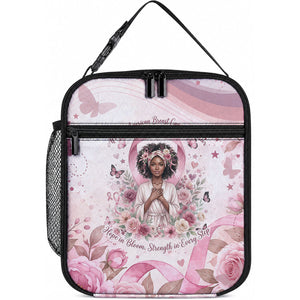 African American Breast Cancer Warrior Black Queen Lunch Bag Floral Pink Ribbon Watercolor Butterfly Hope Art