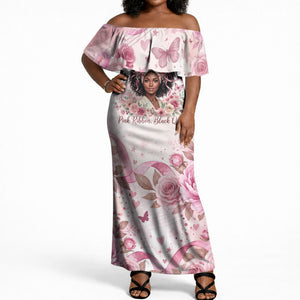African American Breast Cancer Warrior Black Queen Off Shoulder Maxi Dress Floral Pink Ribbon Watercolor Butterfly Hope Art