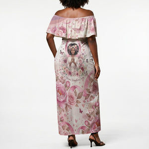 African American Breast Cancer Warrior Black Queen Off Shoulder Maxi Dress Floral Pink Ribbon Watercolor Butterfly Hope Art
