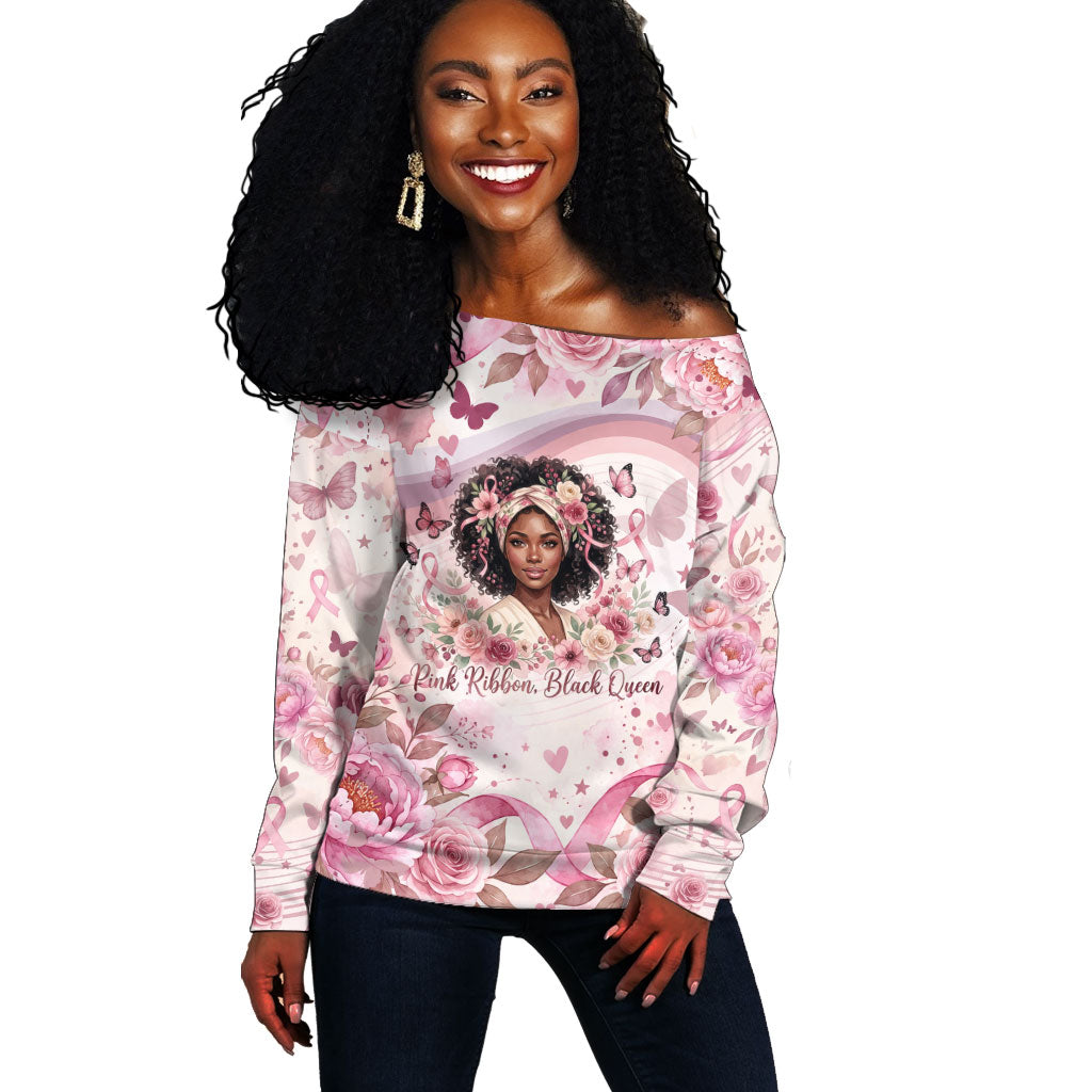 African American Breast Cancer Warrior Black Queen Off Shoulder Sweater Floral Pink Ribbon Watercolor Butterfly Hope Art