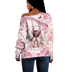 African American Breast Cancer Warrior Black Queen Off Shoulder Sweater Floral Pink Ribbon Watercolor Butterfly Hope Art