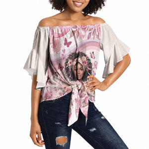 African American Breast Cancer Warrior Black Queen Off Shoulder Wrap Waist Top Floral Pink Ribbon Watercolor Butterfly Hope Art