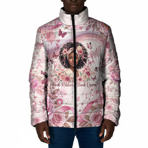 African American Breast Cancer Warrior Black Queen Padded Jacket Floral Pink Ribbon Watercolor Butterfly Hope Art