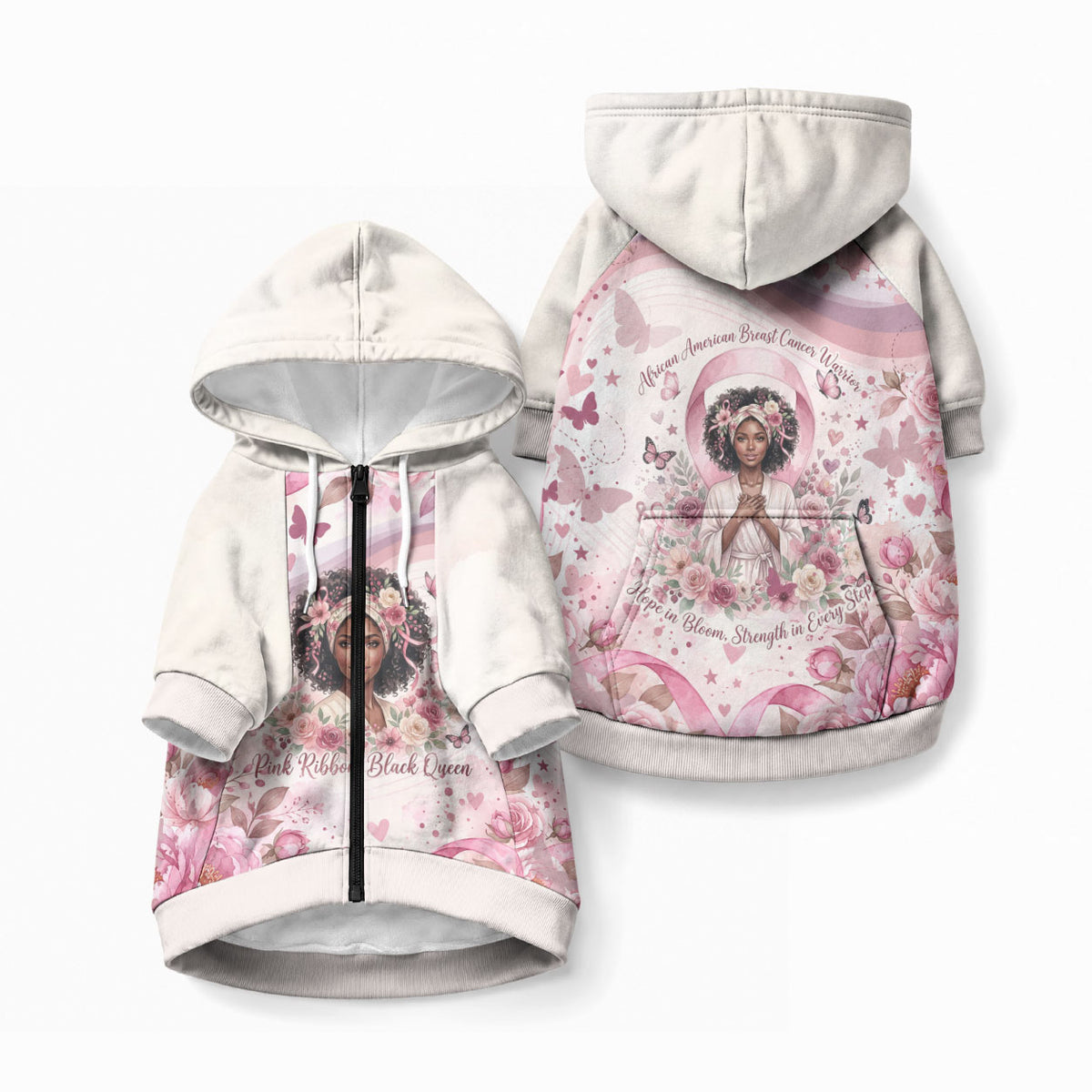 African American Breast Cancer Warrior Black Queen Pet Hoodie Floral Pink Ribbon Watercolor Butterfly Hope Art