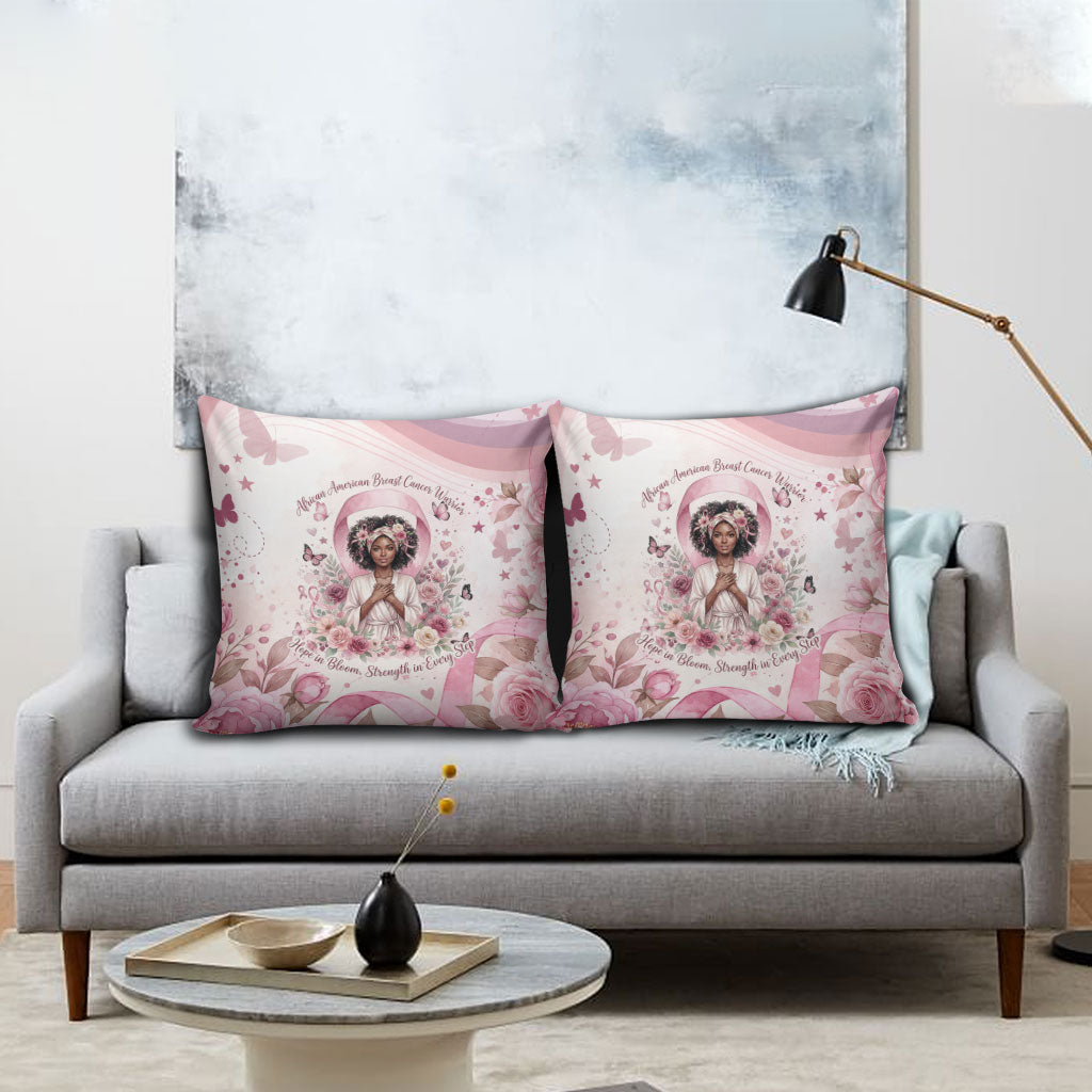 African American Breast Cancer Warrior Black Queen Pillow Cover Floral Pink Ribbon Watercolor Butterfly Hope Art