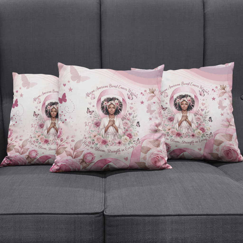 African American Breast Cancer Warrior Black Queen Pillow Cover Floral Pink Ribbon Watercolor Butterfly Hope Art