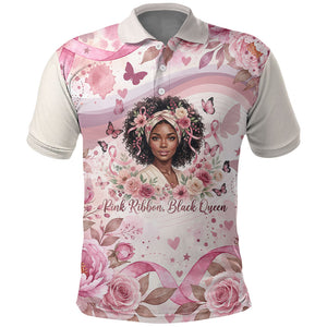 African American Breast Cancer Warrior Black Queen Polo Shirt Floral Pink Ribbon Watercolor Butterfly Hope Art