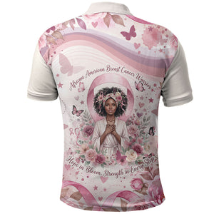 African American Breast Cancer Warrior Black Queen Polo Shirt Floral Pink Ribbon Watercolor Butterfly Hope Art