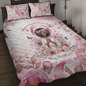 African American Breast Cancer Warrior Black Queen Quilt Bed Set Floral Pink Ribbon Watercolor Butterfly Hope Art