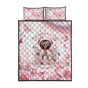 African American Breast Cancer Warrior Black Queen Quilt Bed Set Floral Pink Ribbon Watercolor Butterfly Hope Art