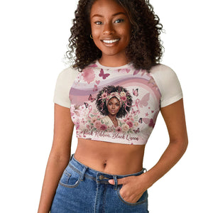 African American Breast Cancer Warrior Black Queen Raglan Cropped T shirt Floral Pink Ribbon Watercolor Butterfly Hope Art