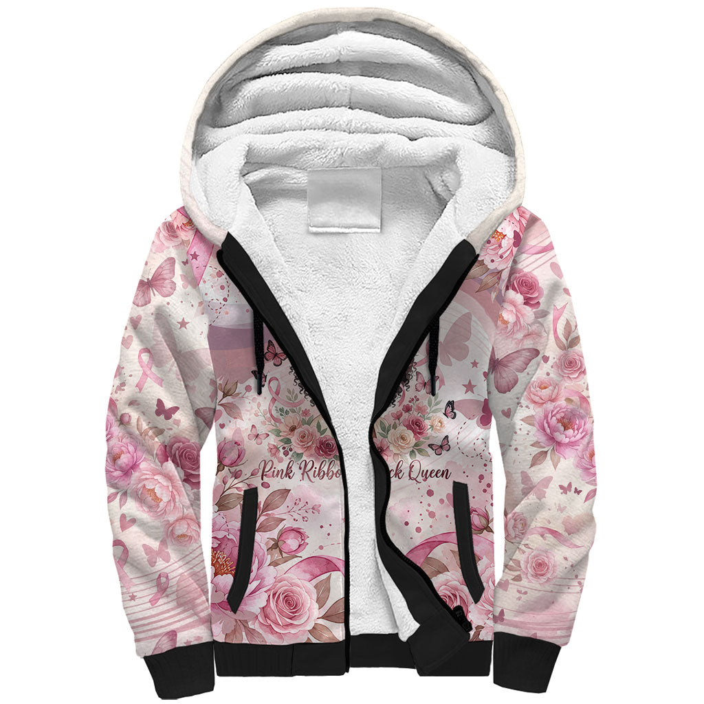 African American Breast Cancer Warrior Black Queen Sherpa Hoodie Floral Pink Ribbon Watercolor Butterfly Hope Art