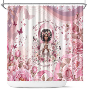 African American Breast Cancer Warrior Black Queen Shower Curtain Floral Pink Ribbon Watercolor Butterfly Hope Art