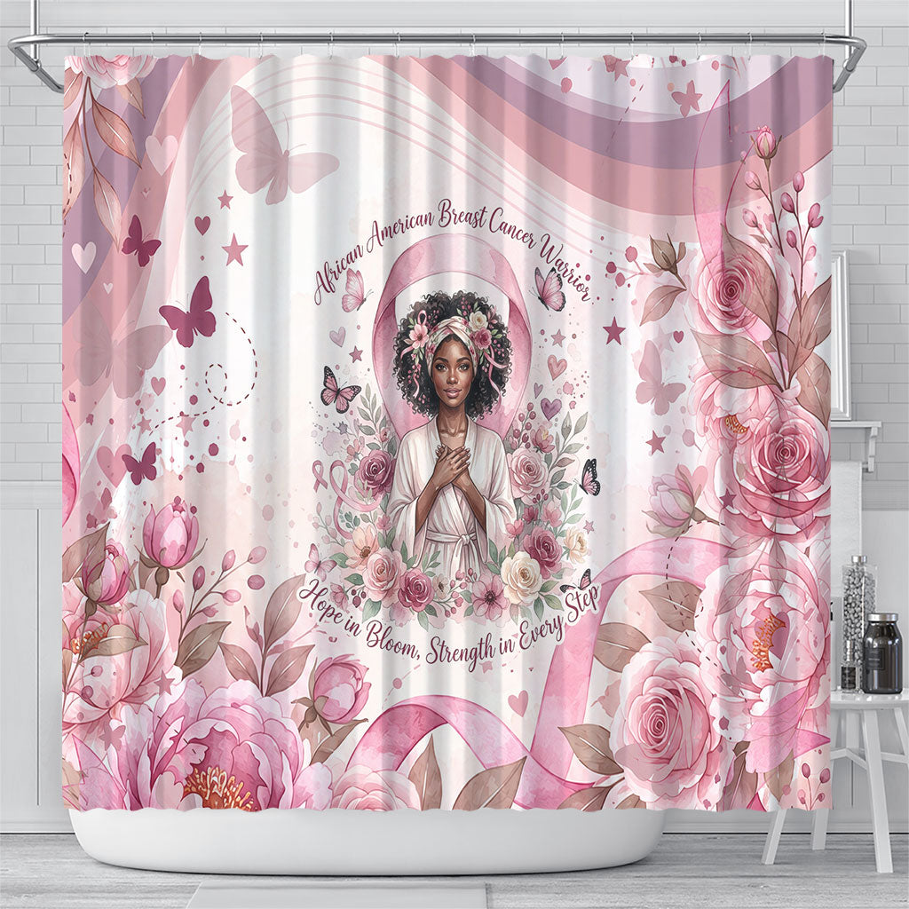 African American Breast Cancer Warrior Black Queen Shower Curtain Floral Pink Ribbon Watercolor Butterfly Hope Art