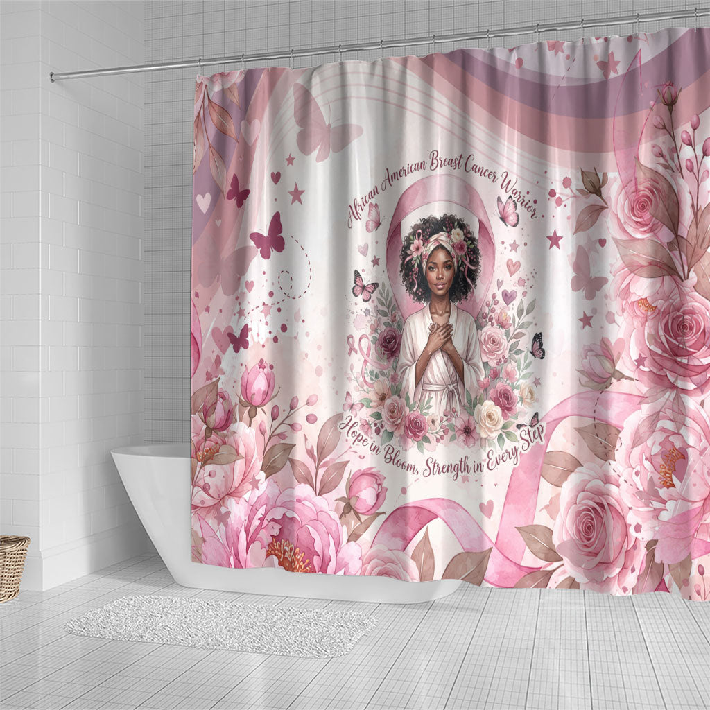 African American Breast Cancer Warrior Black Queen Shower Curtain Floral Pink Ribbon Watercolor Butterfly Hope Art