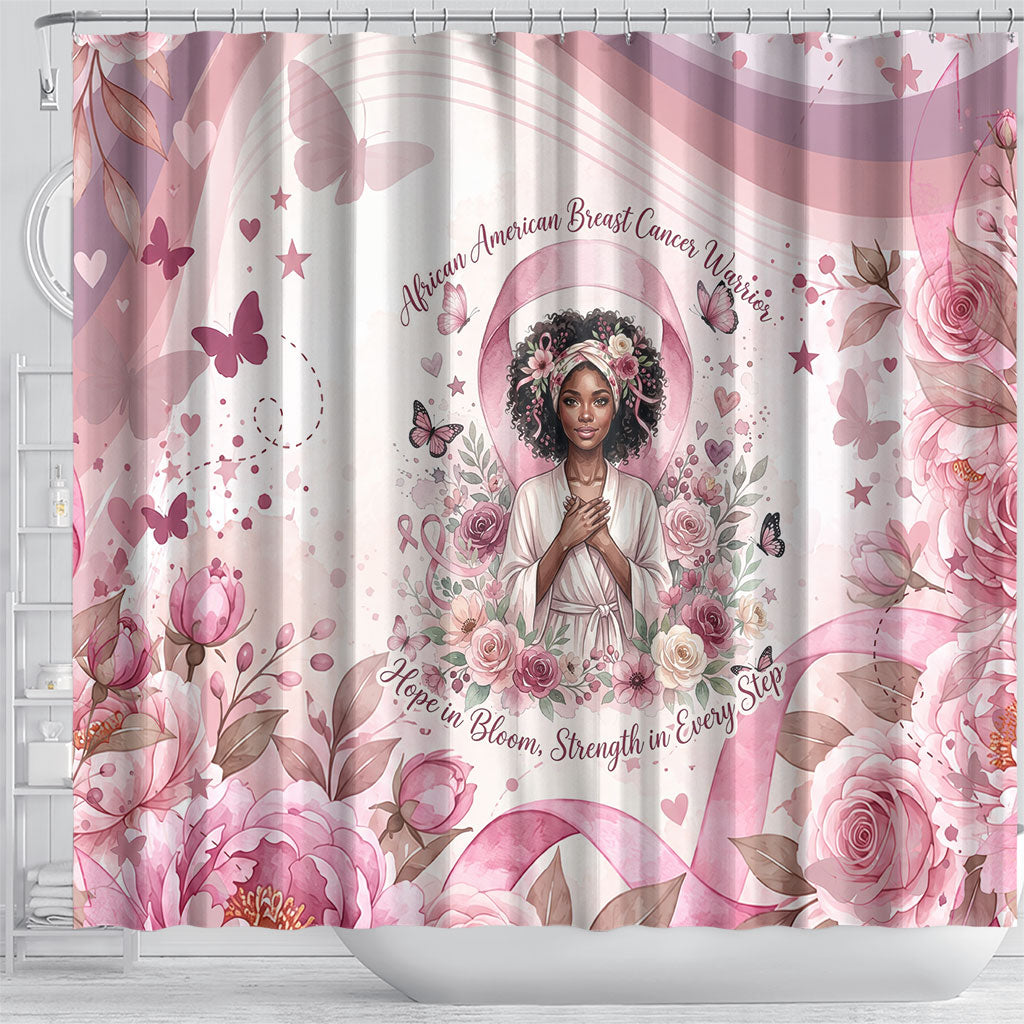 African American Breast Cancer Warrior Black Queen Shower Curtain Floral Pink Ribbon Watercolor Butterfly Hope Art