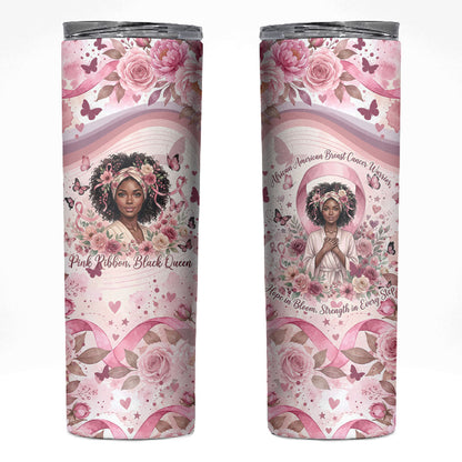 African American Breast Cancer Warrior Black Queen Skinny Tumbler Floral Pink Ribbon Watercolor Butterfly Hope Art