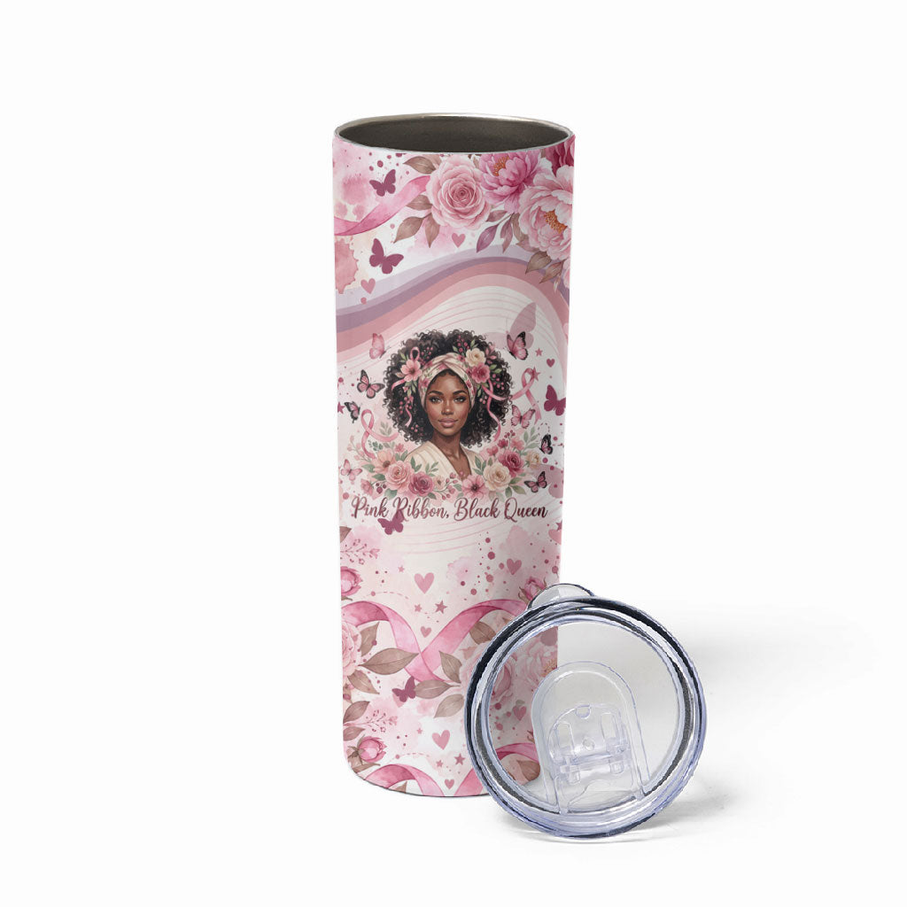 African American Breast Cancer Warrior Black Queen Skinny Tumbler Floral Pink Ribbon Watercolor Butterfly Hope Art