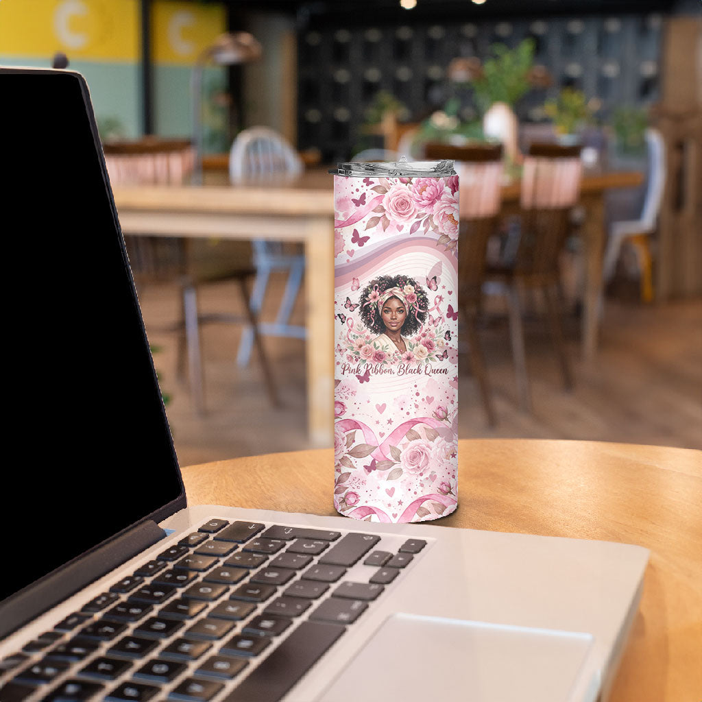 African American Breast Cancer Warrior Black Queen Skinny Tumbler Floral Pink Ribbon Watercolor Butterfly Hope Art