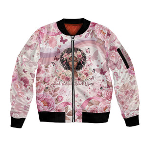 African American Breast Cancer Warrior Black Queen Sleeve Zip Bomber Jacket Floral Pink Ribbon Watercolor Butterfly Hope Art