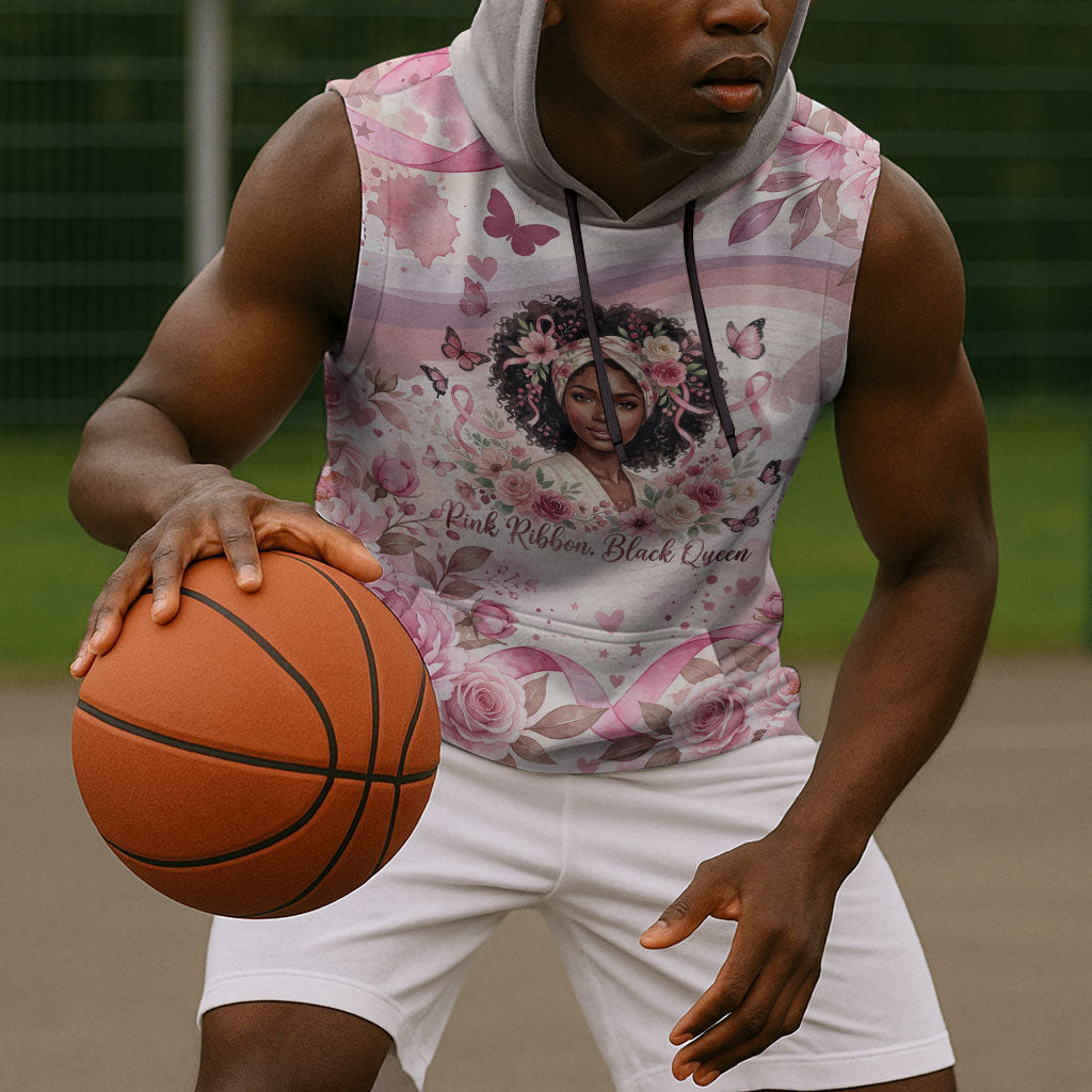 African American Breast Cancer Warrior Black Queen Sleeveless Hoodie Floral Pink Ribbon Watercolor Butterfly Hope Art