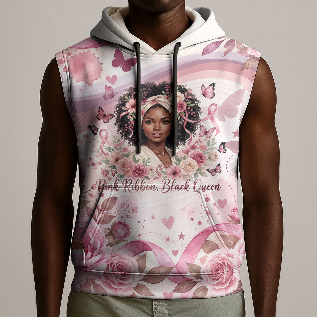 African American Breast Cancer Warrior Black Queen Sleeveless Hoodie Floral Pink Ribbon Watercolor Butterfly Hope Art