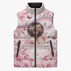 African American Breast Cancer Warrior Black Queen Sleeveless Puffer Jacket Floral Pink Ribbon Watercolor Butterfly Hope Art