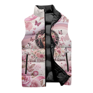African American Breast Cancer Warrior Black Queen Sleeveless Puffer Jacket Floral Pink Ribbon Watercolor Butterfly Hope Art